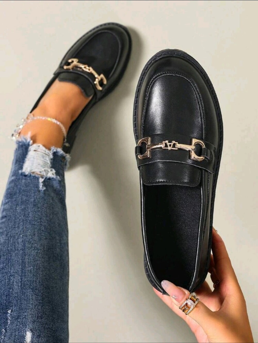 Black Leatherette Women's Loafers with Gold Chain Accent